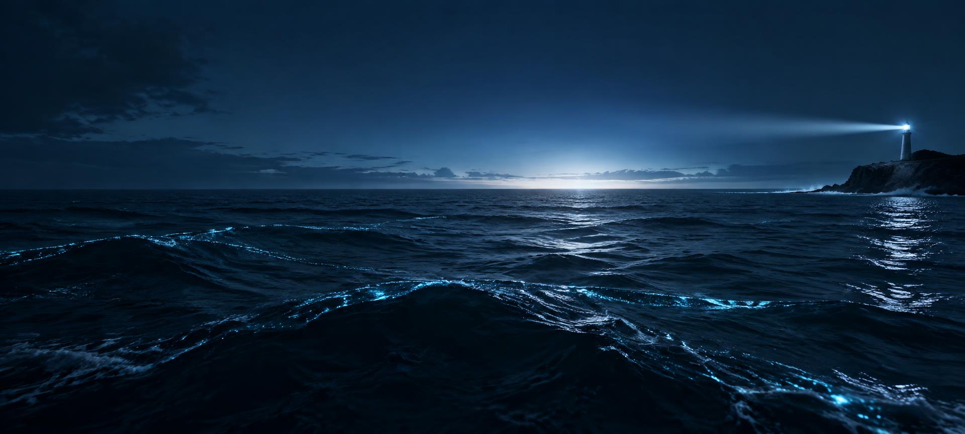 Horizonte oceânico iluminado por um farol