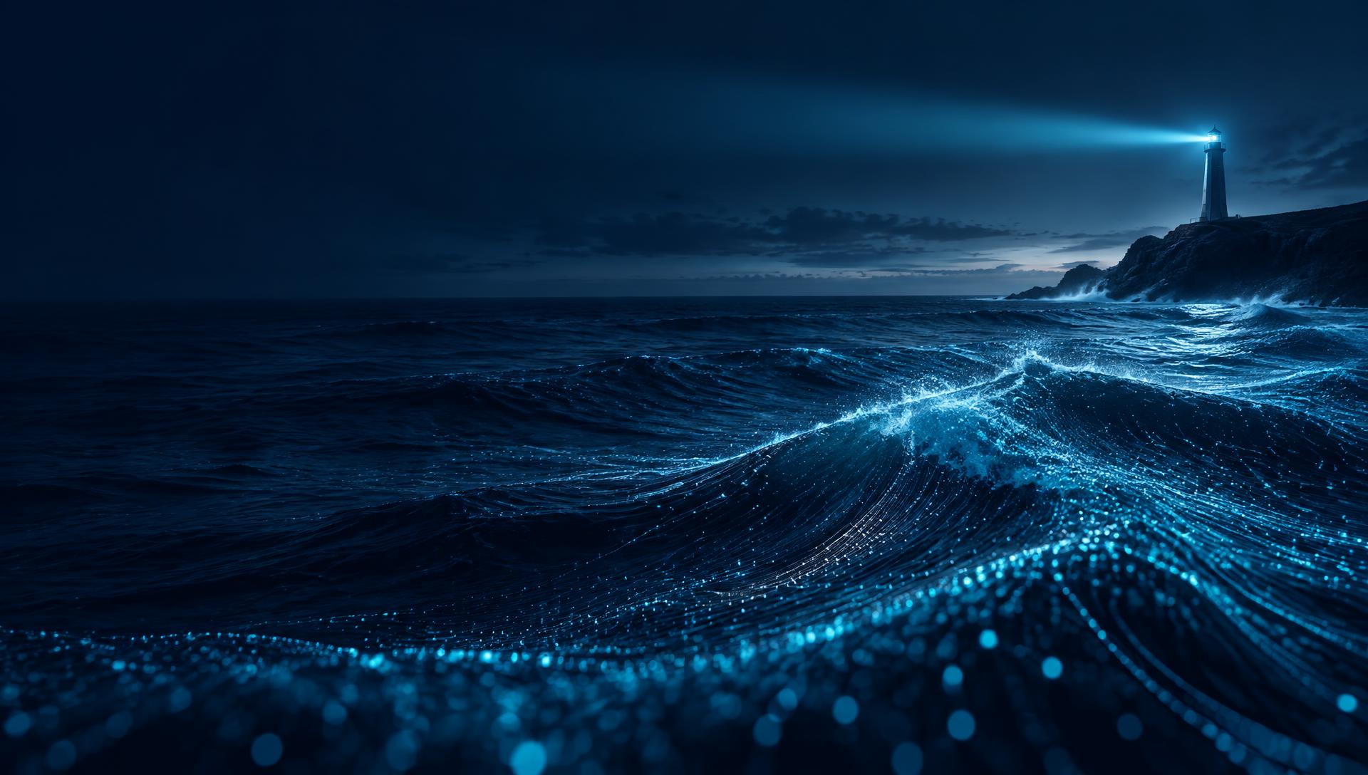 Oceano noturno com ondas de dados e um farol no horizonte